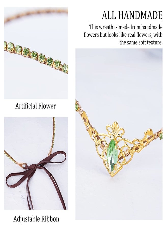 MOSTORY Handmade Princess Crystal Tiara for Wedding V-shape Renaissance Elf Crown Headband Golden Green Fairy Headpiece for Women Goddess Cosplay Costume Hair Accessory Maternity Shoot Birthday - Image 5